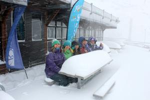 Nice day for lunch on the deck at The Remarkables &#8211; (L to R) staff Mo Rush Jill Leake, Tanya  Papandrea, Masa Oda and Will Curnow.  